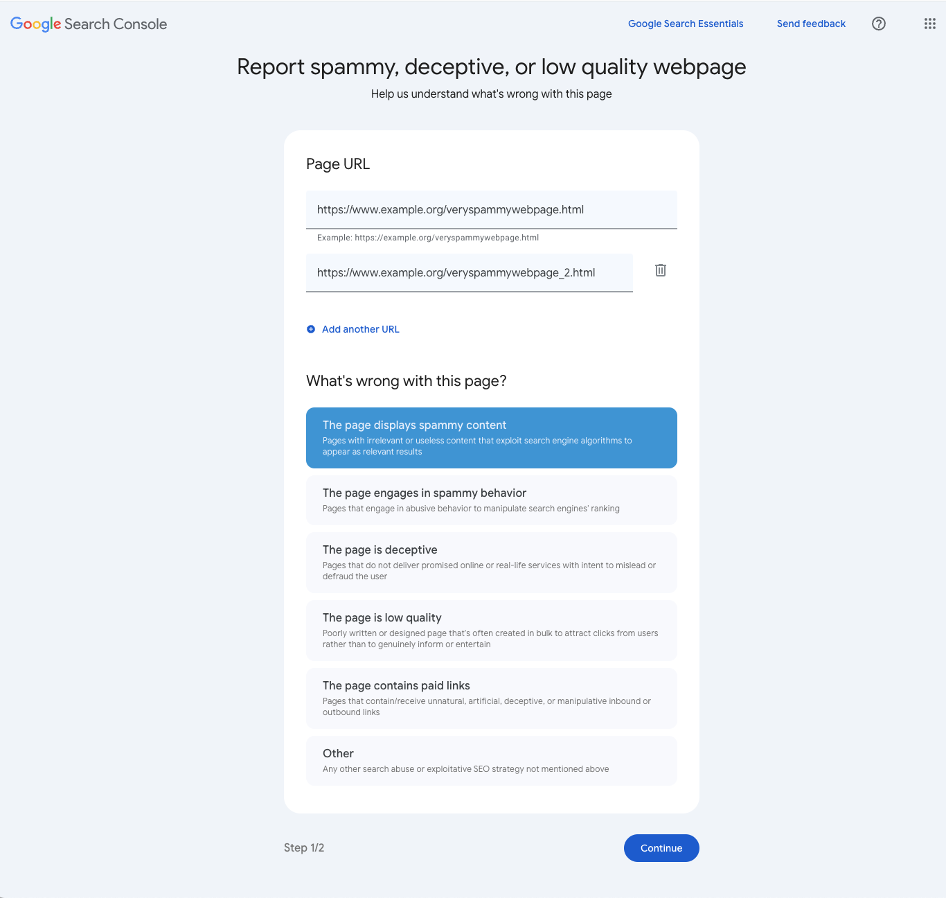 The search quality user report form lets you pick the category of issue you are reporting.
