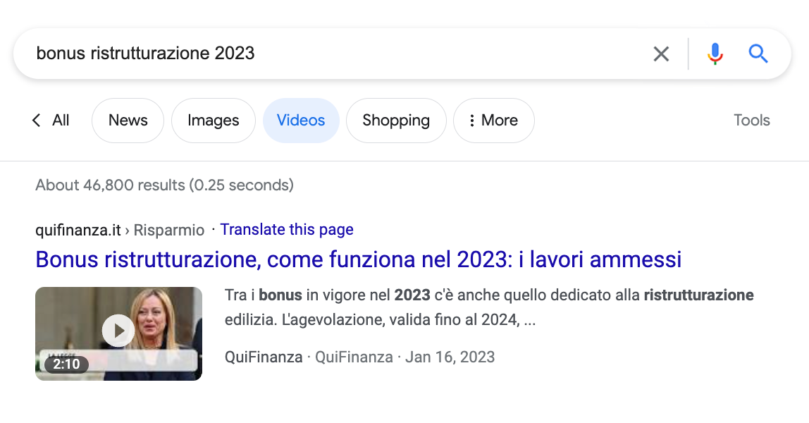 An Italiaonline website appearing as a video result in Google Search